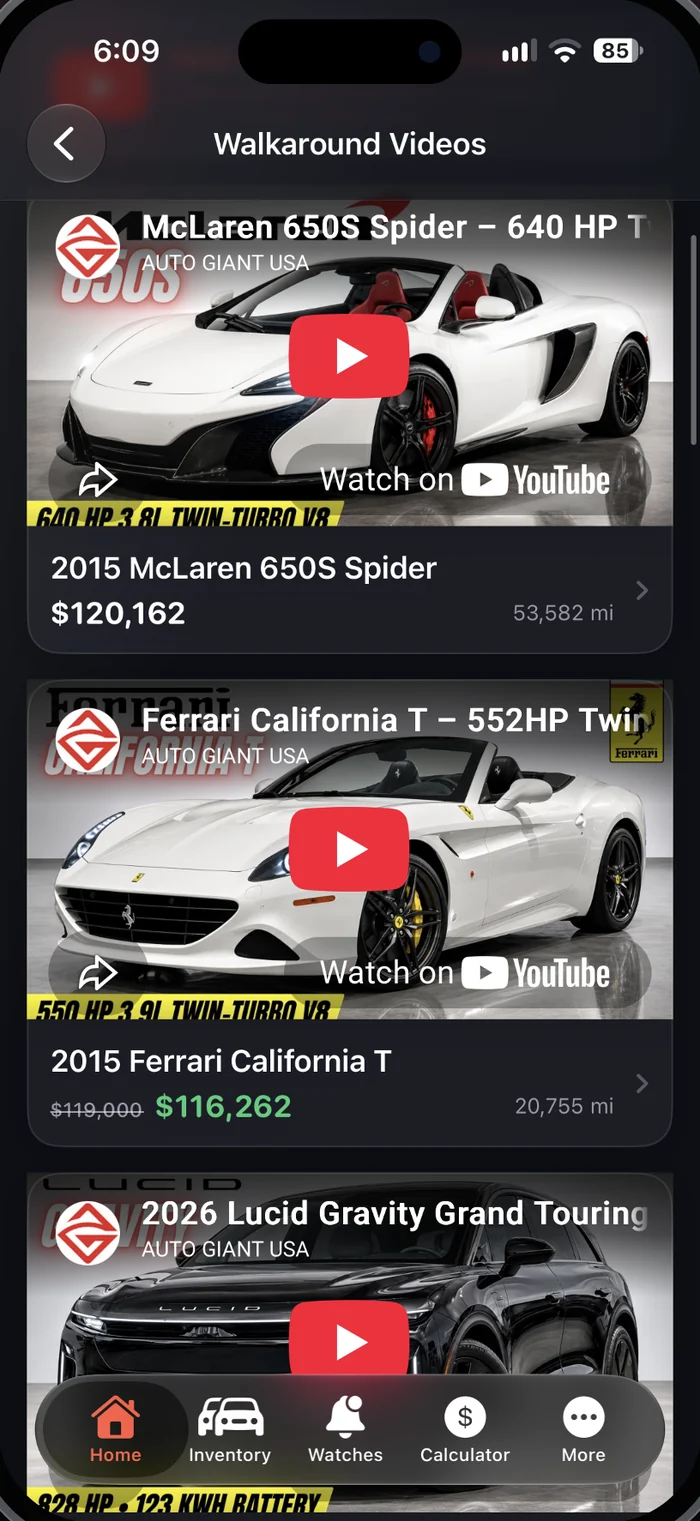 Auto Giant USA app walkaround videos screen