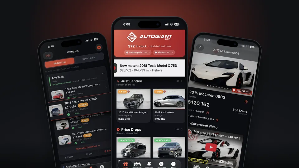 The Auto Giant USA app on three iPhones