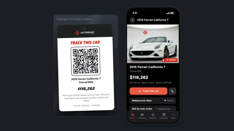 Scan to track demo: window hang tag and the car opened in the app