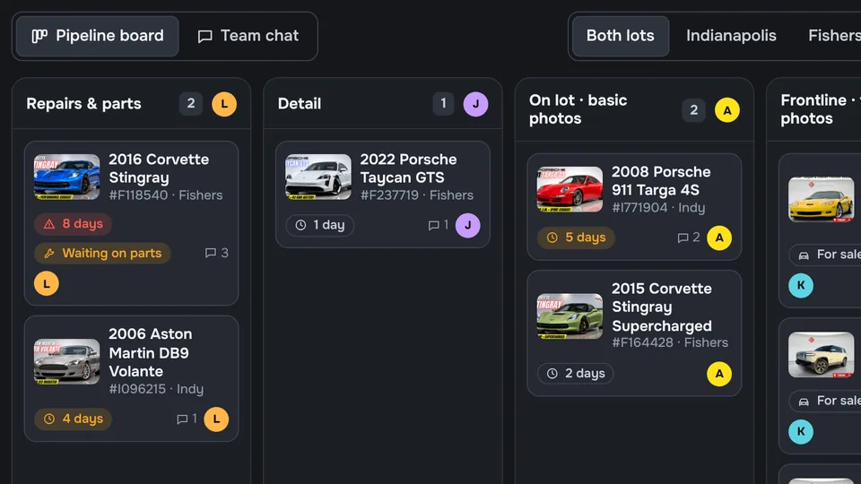 Car tracker demo: pipeline board with stages and cars